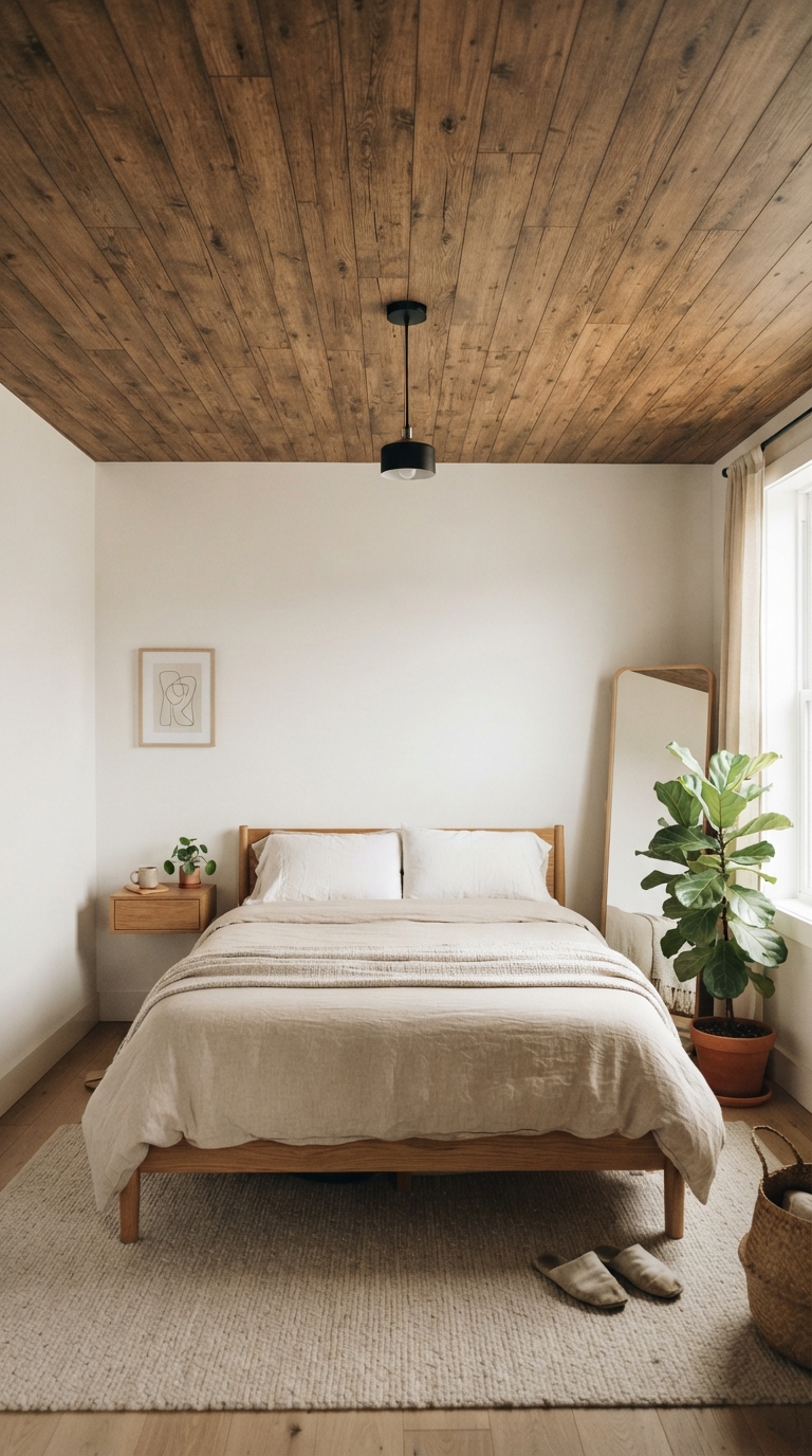 Peel-and-stick wood panel ceiling in a rental bedroom
