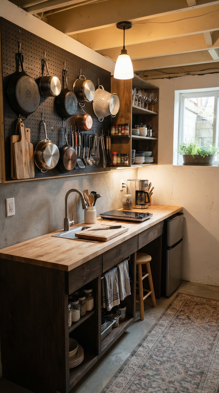Wall-mounted pegboard storage basement kitchenette idea