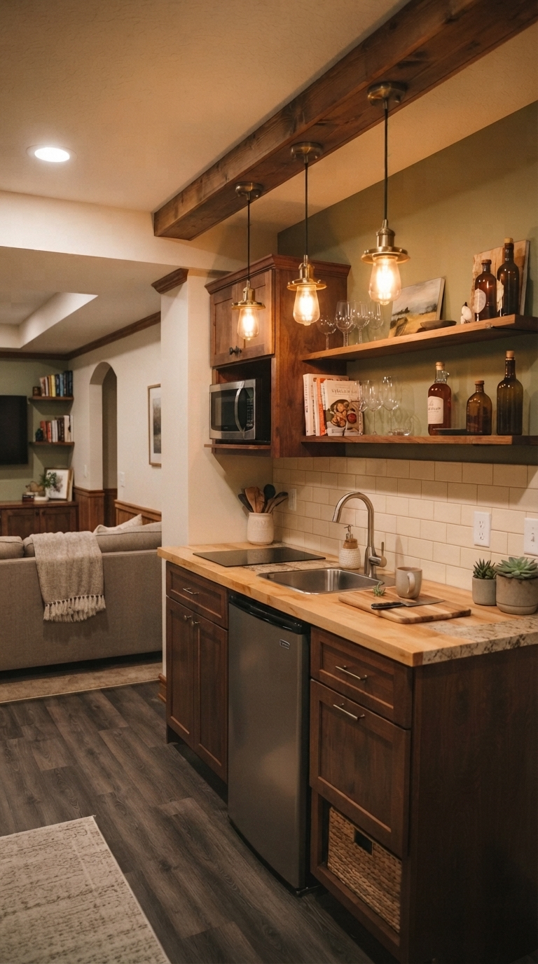 Pendant lighting focal point for basement kitchenette design