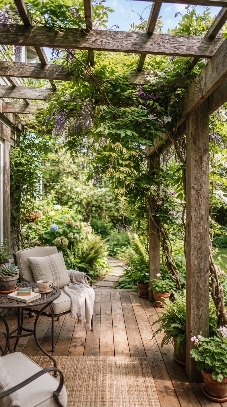Wooden pergola with climbing vines shading a backyard deck