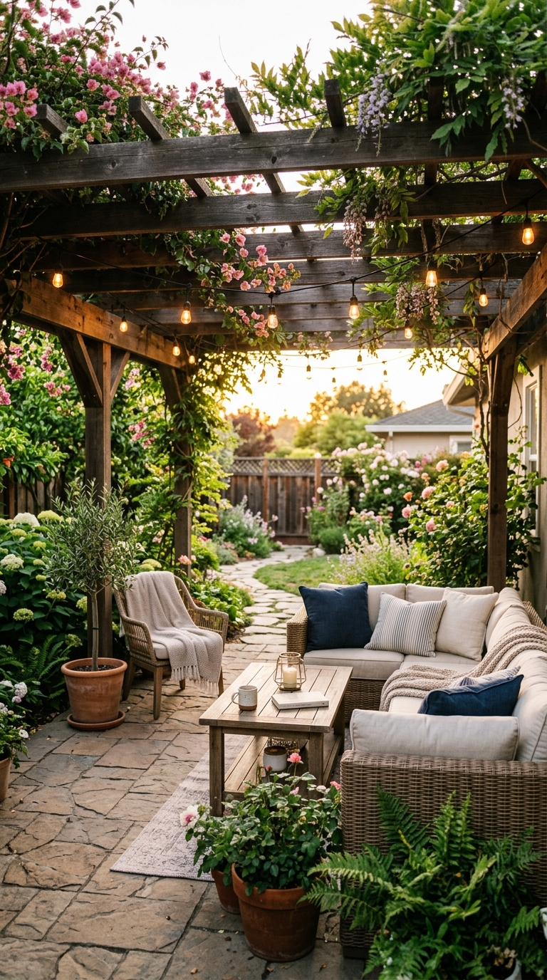 Paver patio under a wood pergola with string lights