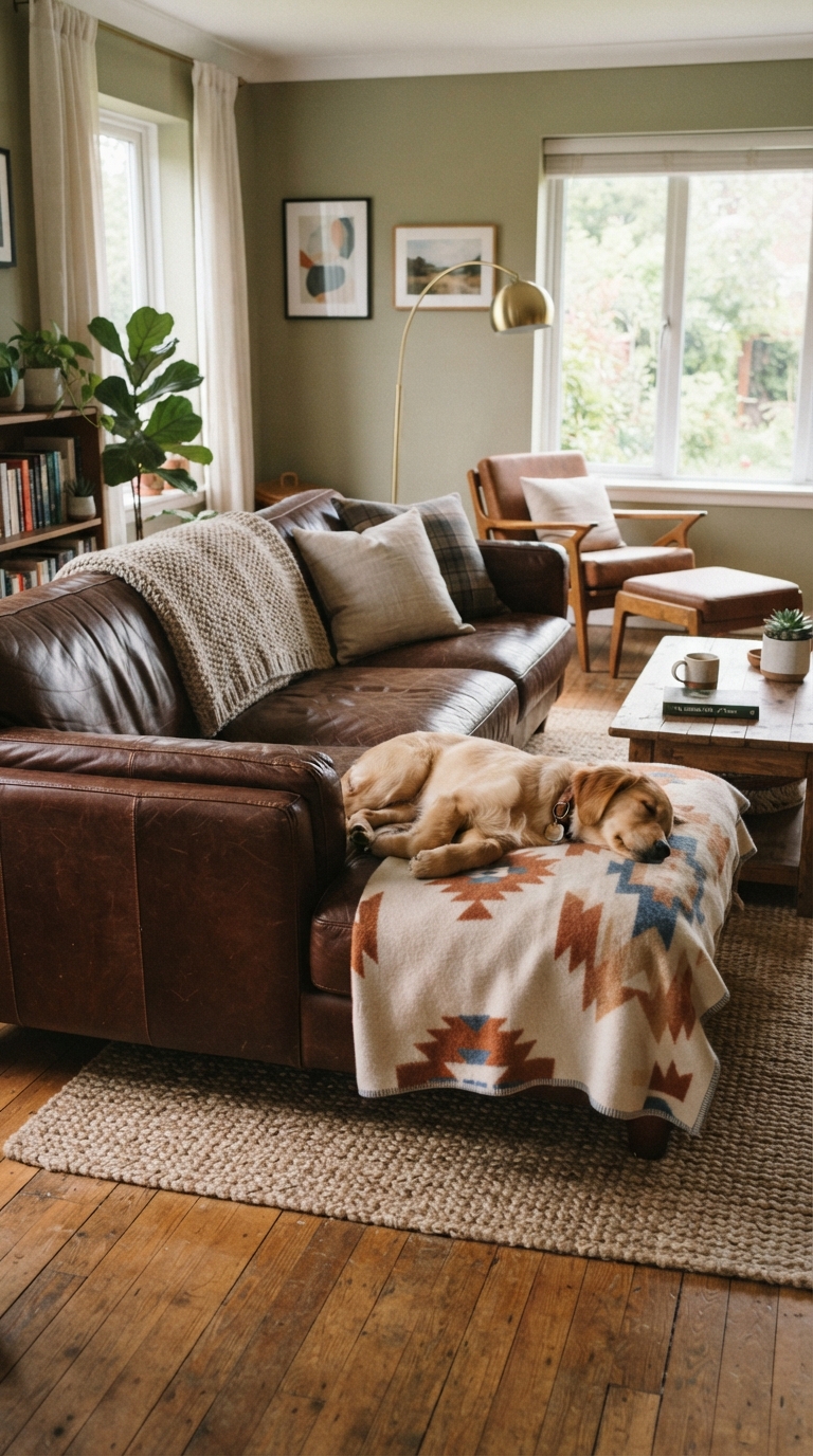 Brown leather sofa styled in a pet-friendly living room