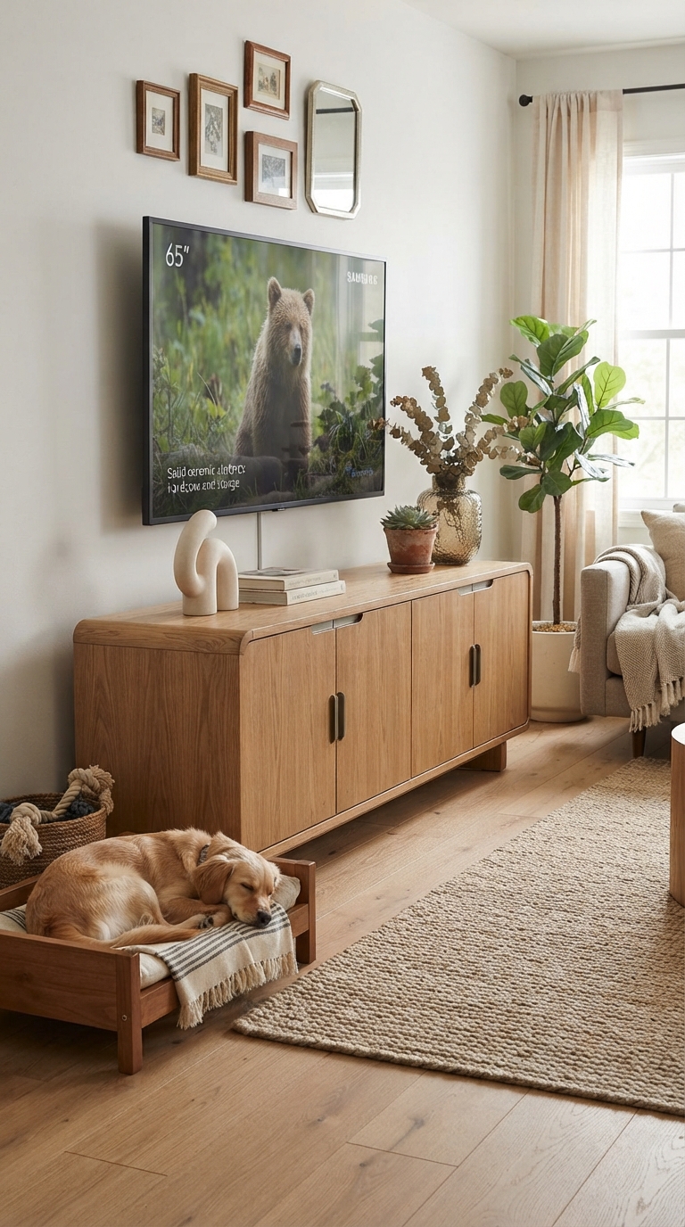 Pet-friendly TV console styled with sturdy low decor and hidden storage