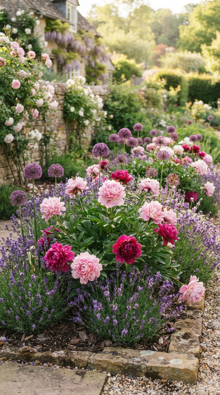 Small pink and purple perennial flower bed with peonies and lavender