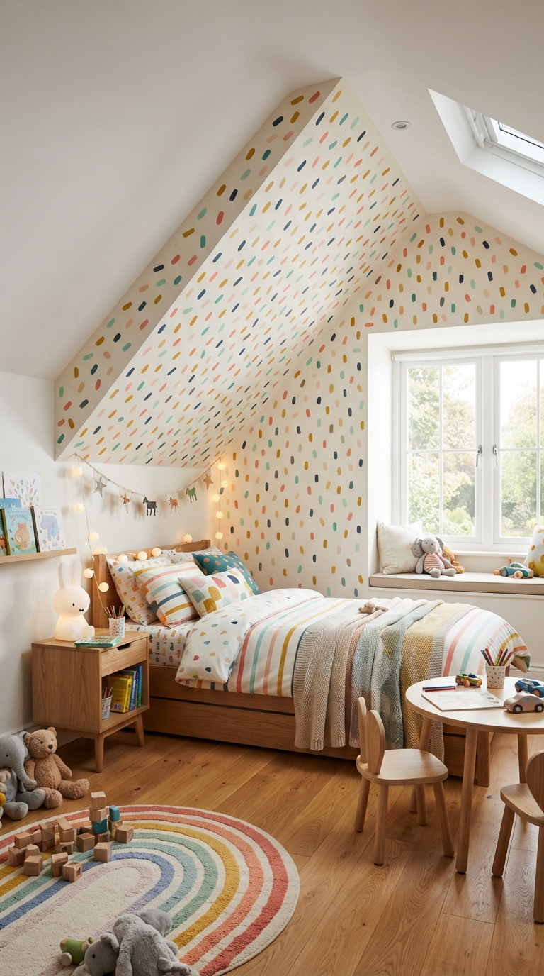 Kids bedroom with hand-painted dash pattern wall under a slanted ceiling