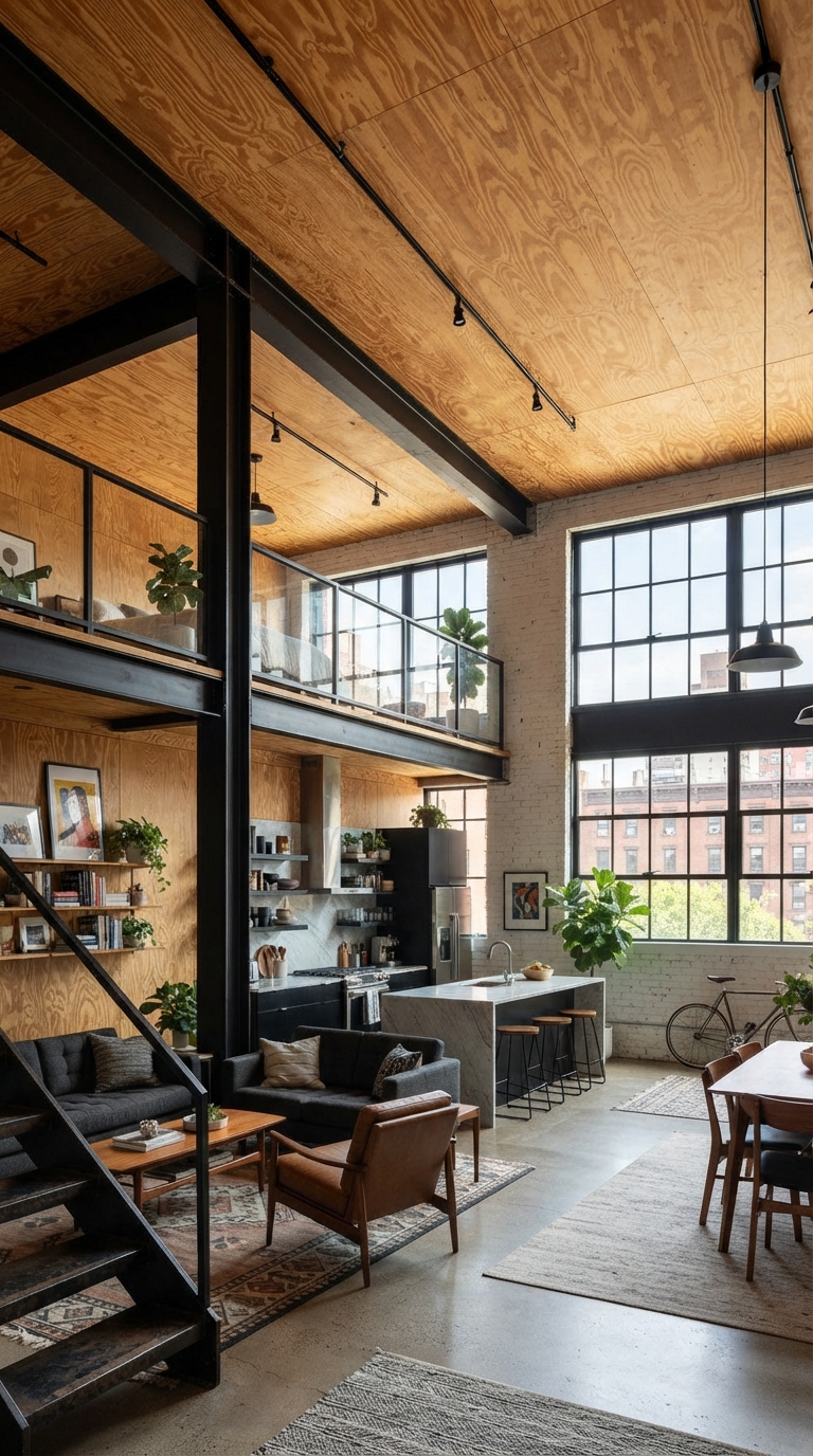Plywood ceiling with black steel accent in modern loft