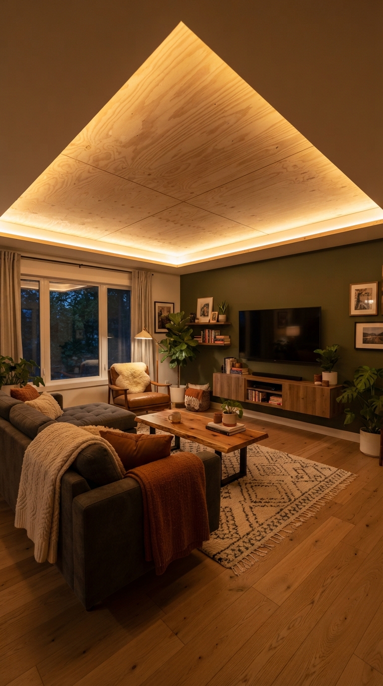 Plywood ceiling with LED cove lighting in living room
