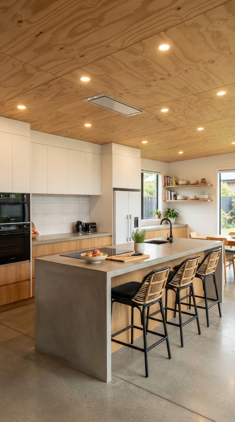 Natural plywood ceiling with recessed lighting in kitchen