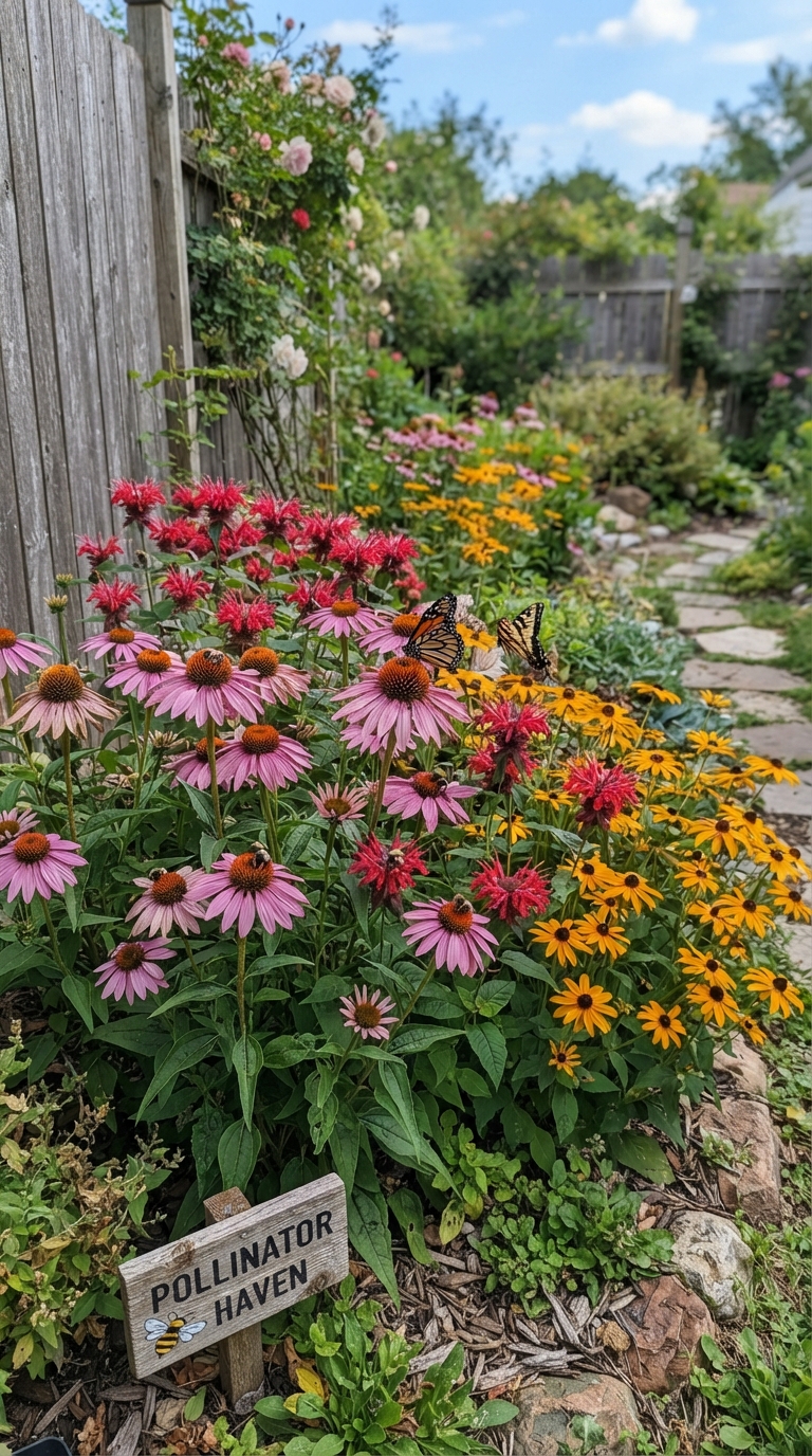 Small pollinator-friendly flower bed with coneflower and black-eyed Susan