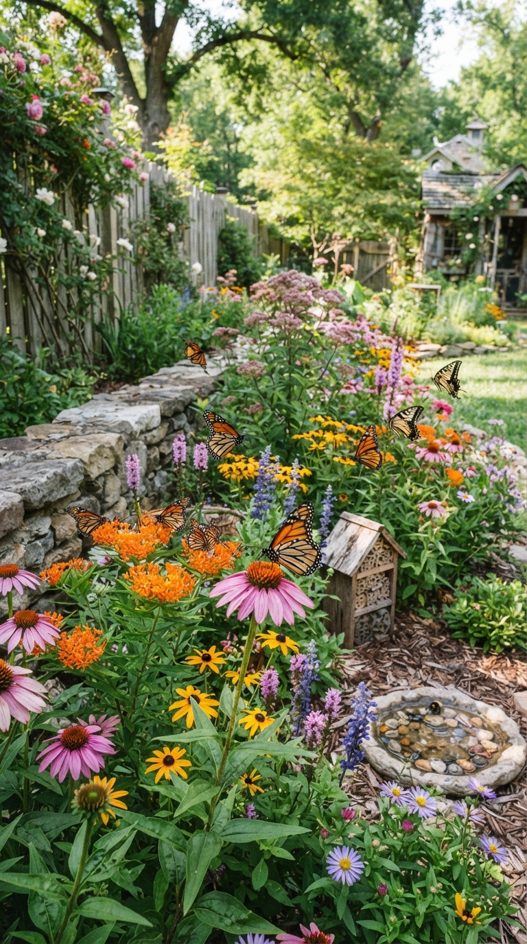 Pollinator-friendly corner garden with native wildflowers.