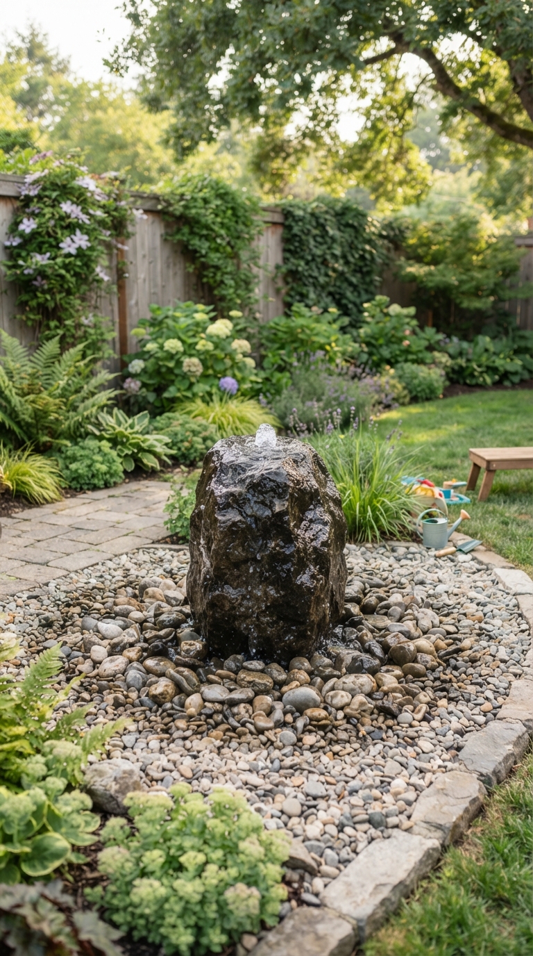 Pondless self-contained fountain idea for a low-maintenance garden