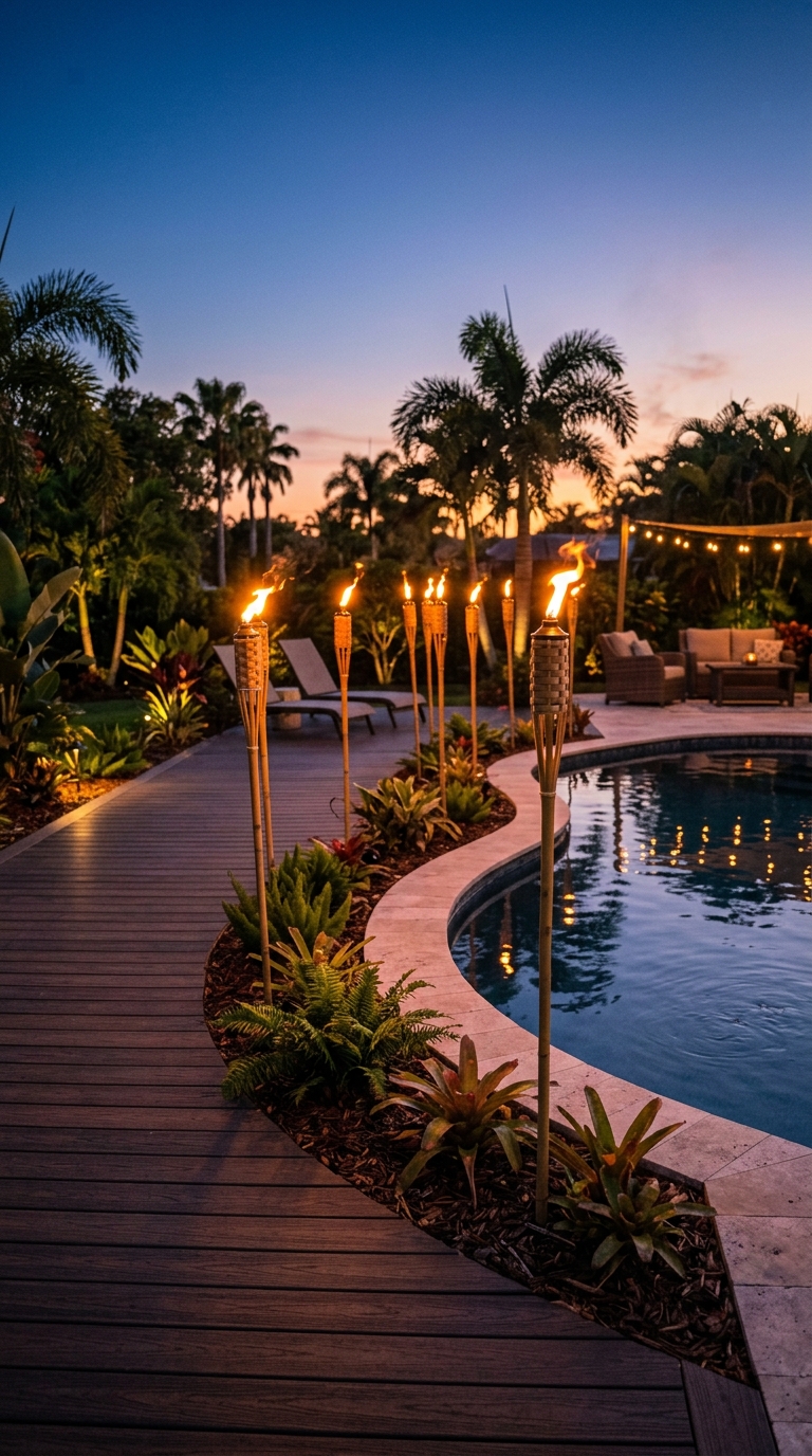 Tiki torches lit along the edge of a poolside deck