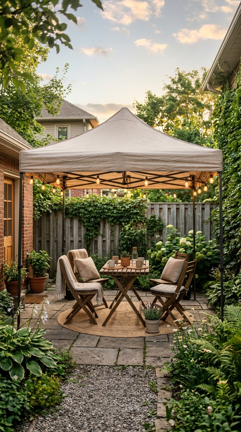 Portable pop-up canopy tent providing shade on a rental patio