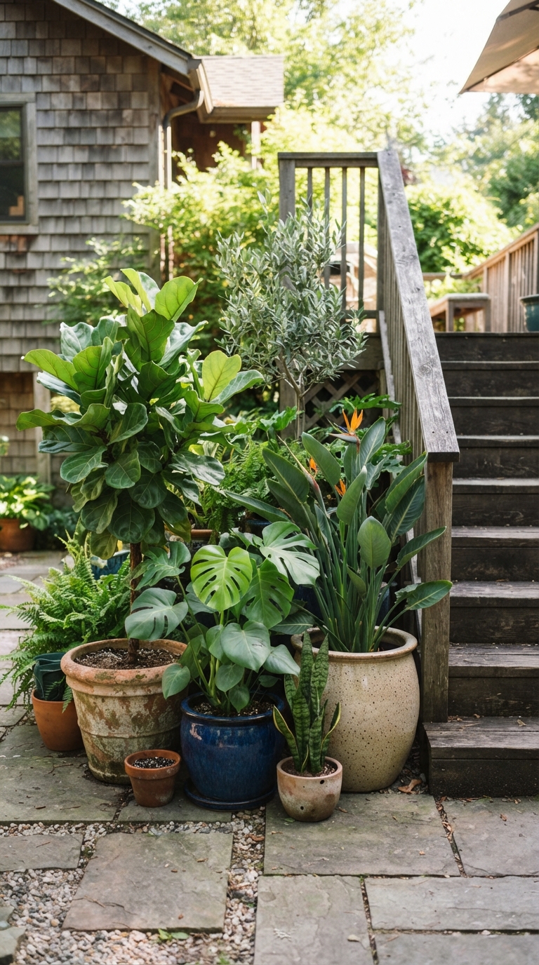 Potted plant cluster styled near a rental deck