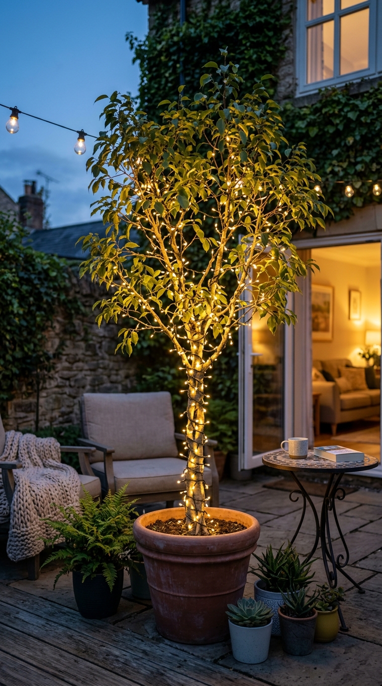 Fairy lights wrapped around a potted patio tree for a glowing effect