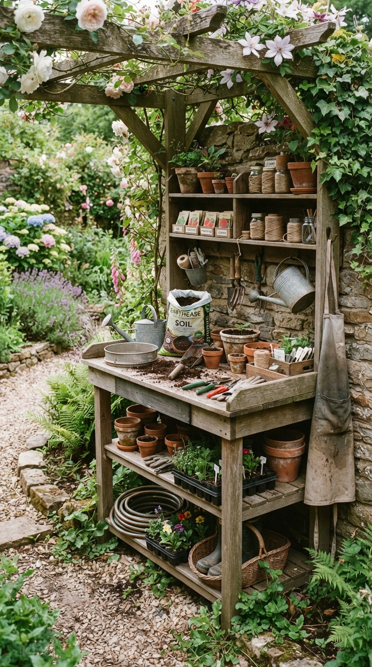 Potting bench station set up in a garden corner.