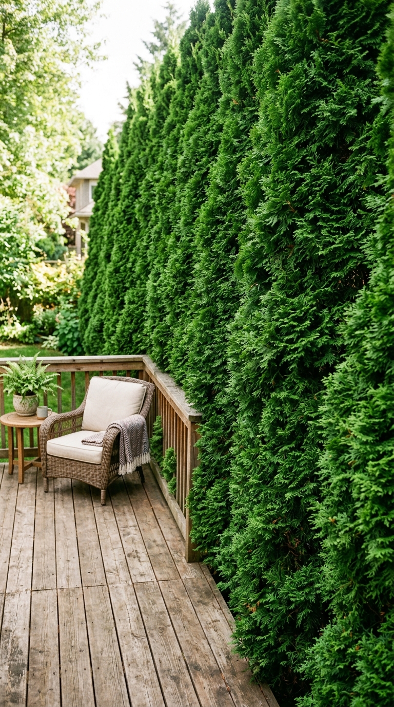 Evergreen privacy hedge screen bordering a backyard deck
