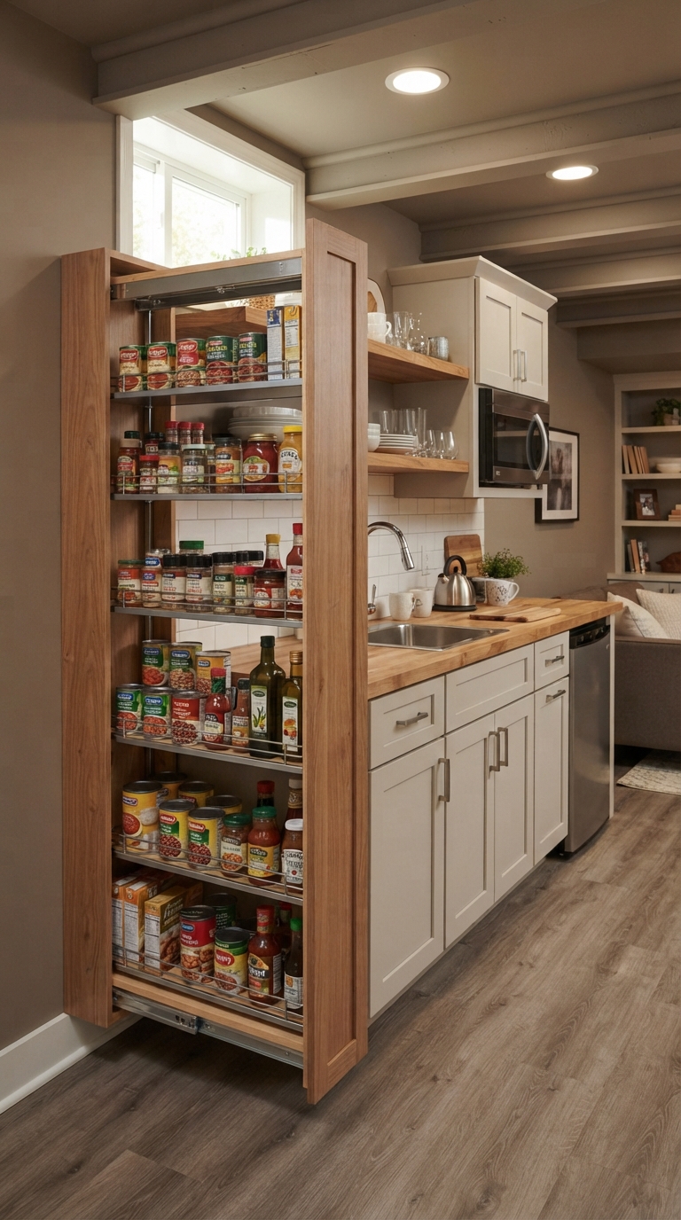 Vertical pull-out pantry storage basement kitchenette idea