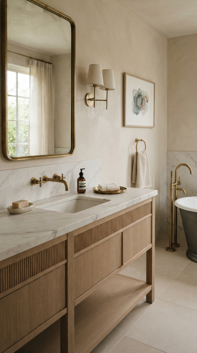 Quiet luxury aesthetic bathroom with marble countertop and brass fixtures