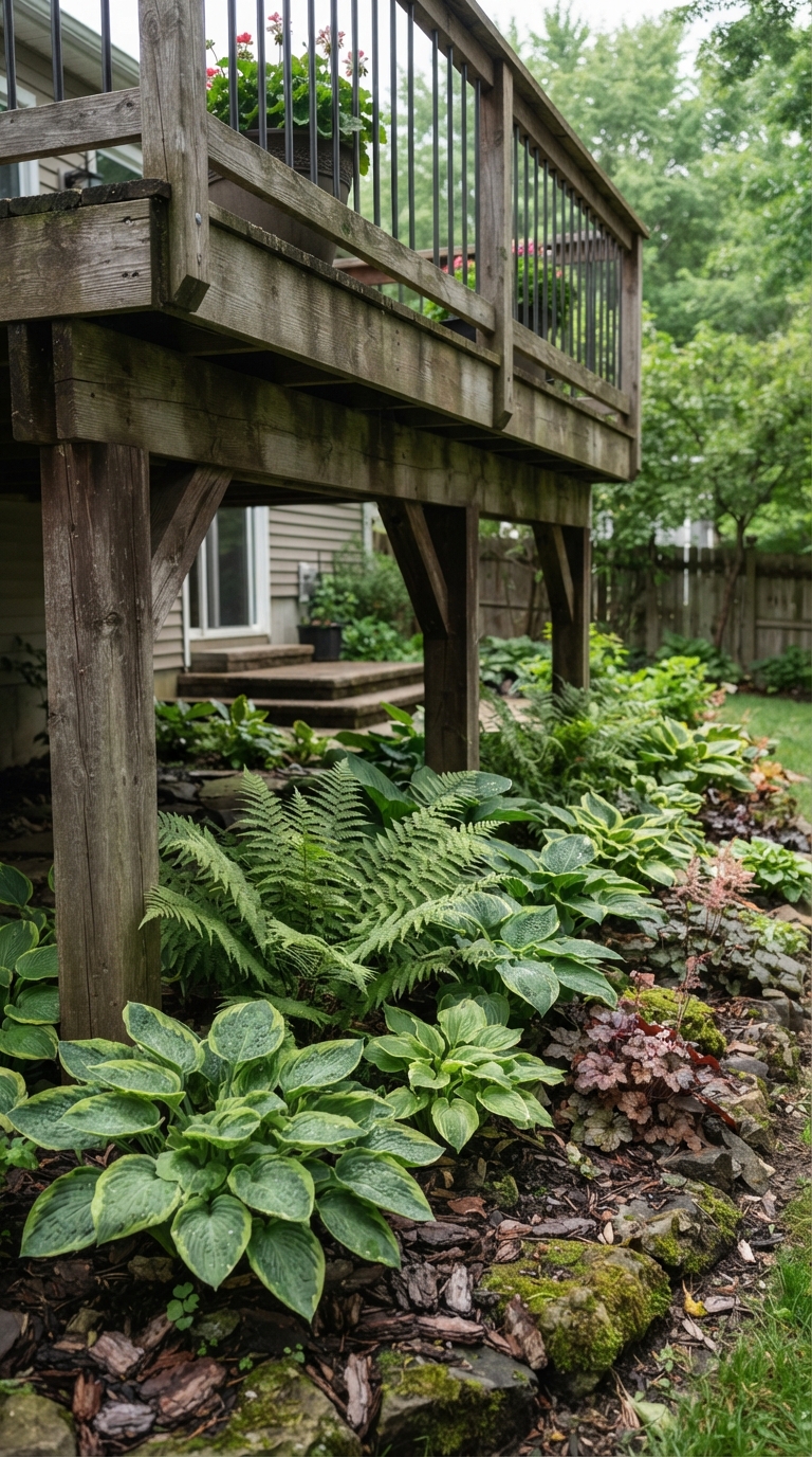 Shade-tolerant plants landscaped beneath a raised deck