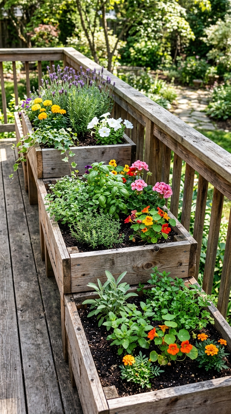 Raised wooden planter boxes styled along a backyard deck