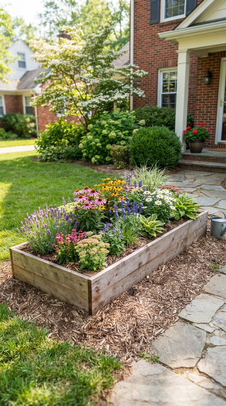 Small raised wood-frame flower bed with mixed perennials