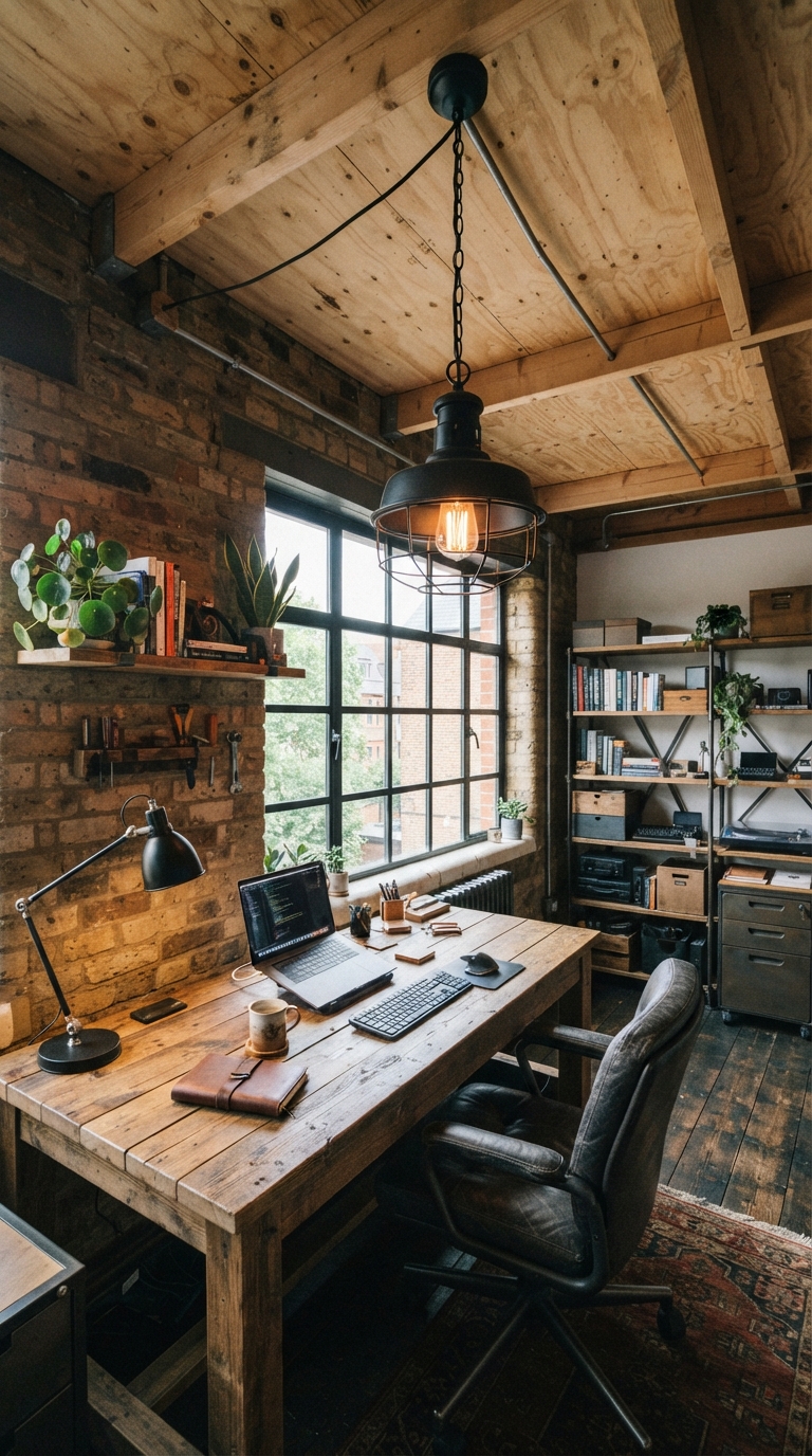 Raw unfinished plywood ceiling in an industrial home office