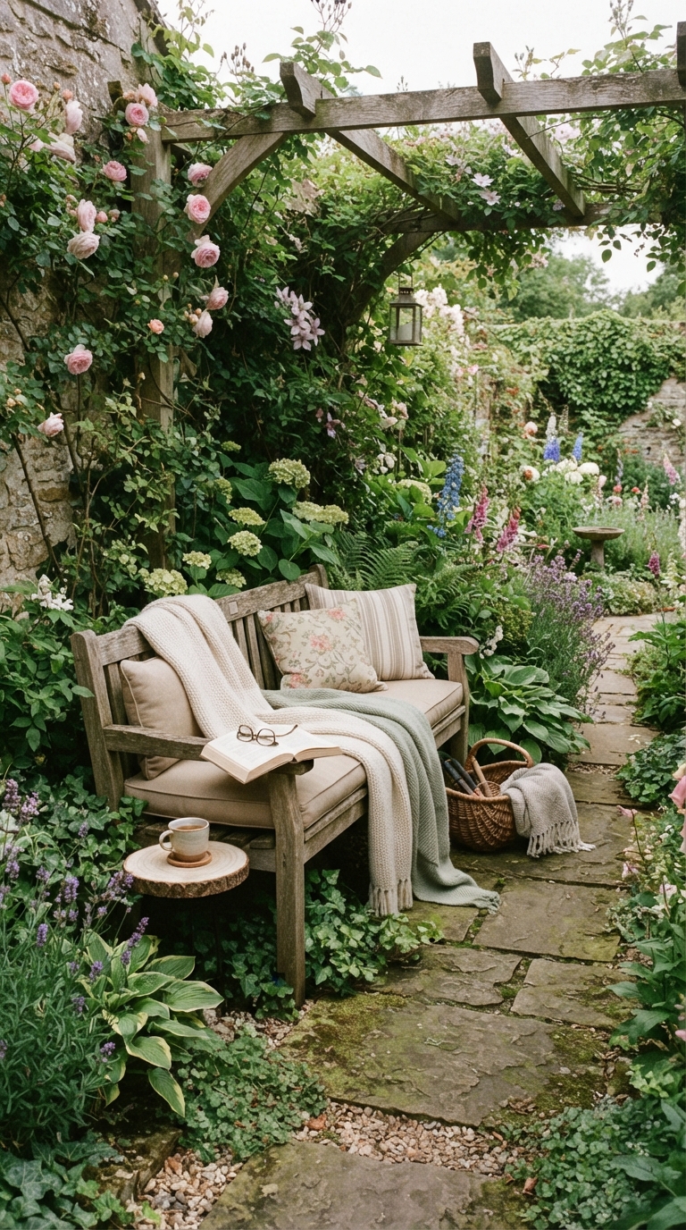 Reading nook garden corner with bench and privacy plants.