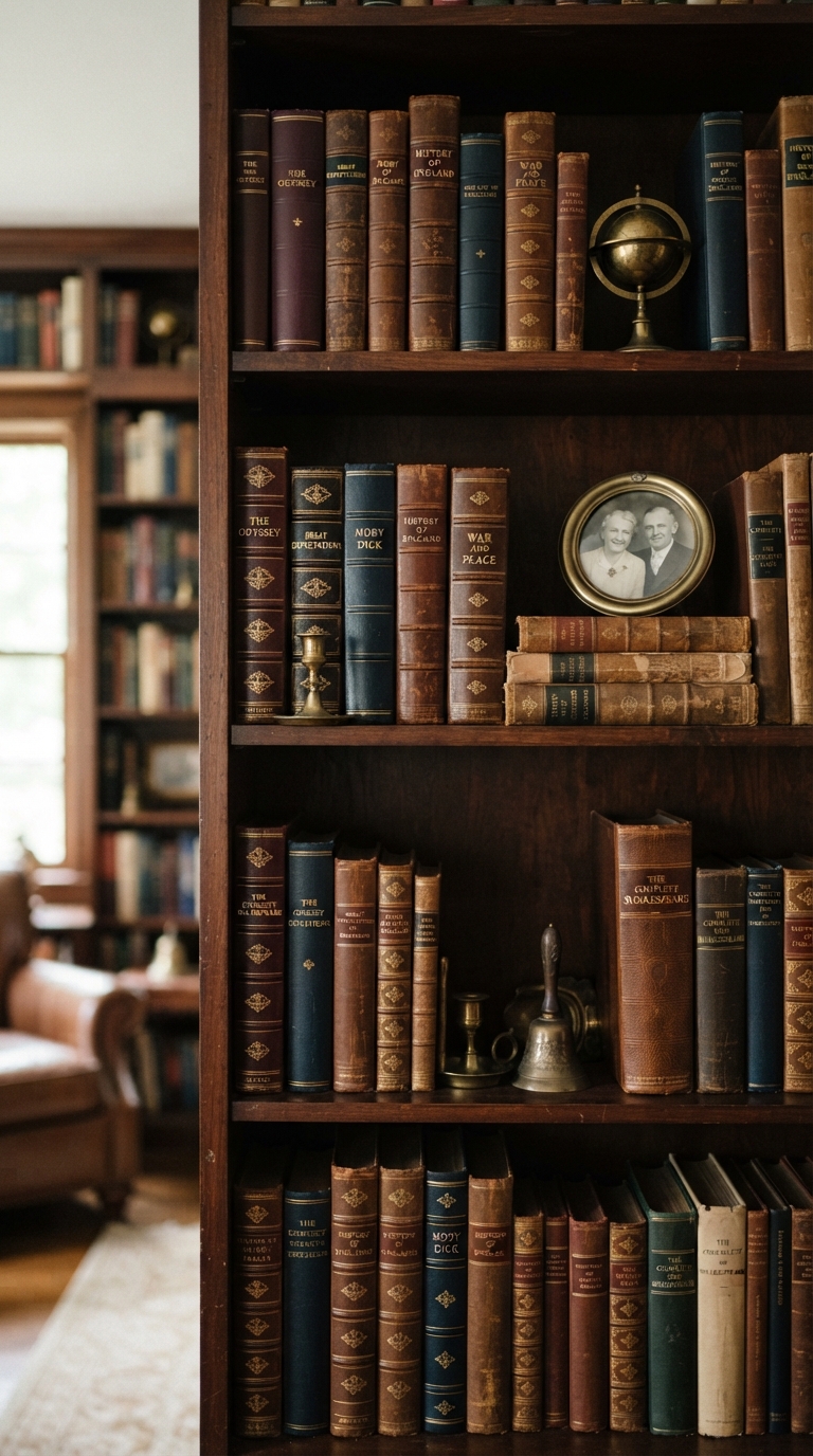 Real hardcover and leather-bound books styled on a mahogany bookcase