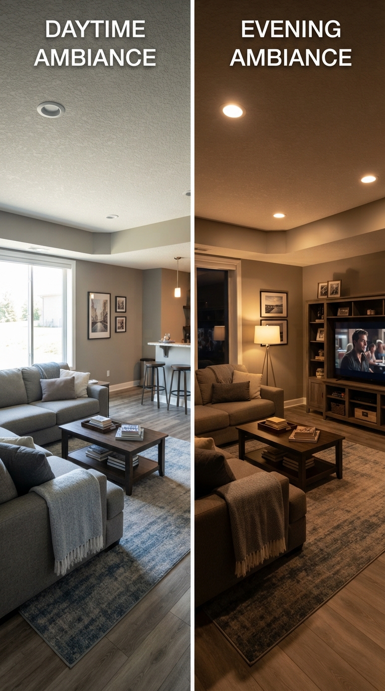 Recessed can lighting installed in a low-clearance basement ceiling
