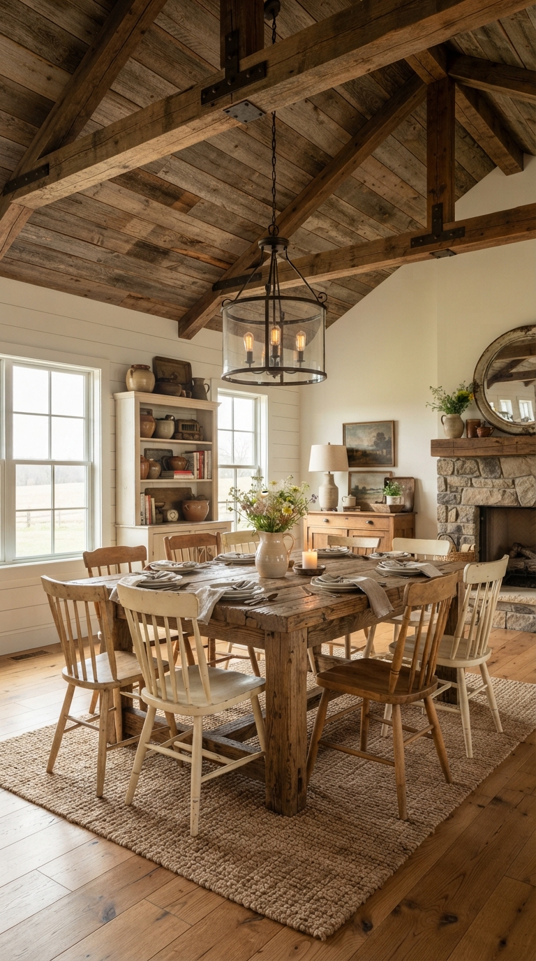 Reclaimed barnwood ceiling in a rustic farmhouse dining room