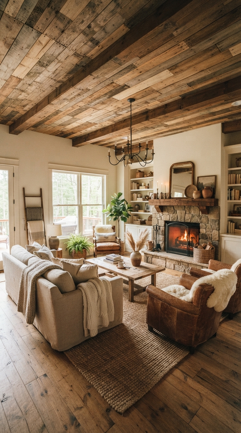 DIY reclaimed pallet wood ceiling in a rustic living room