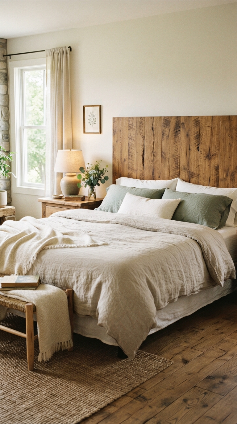 DIY reclaimed wood plank headboard in a rustic bedroom with linen bedding