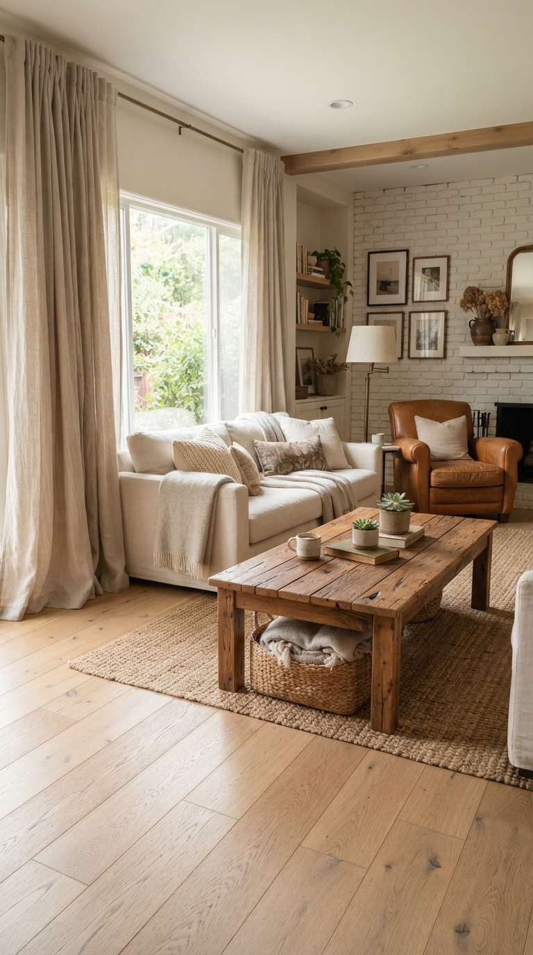 Earthy living room with reclaimed wood coffee table and linen drapes