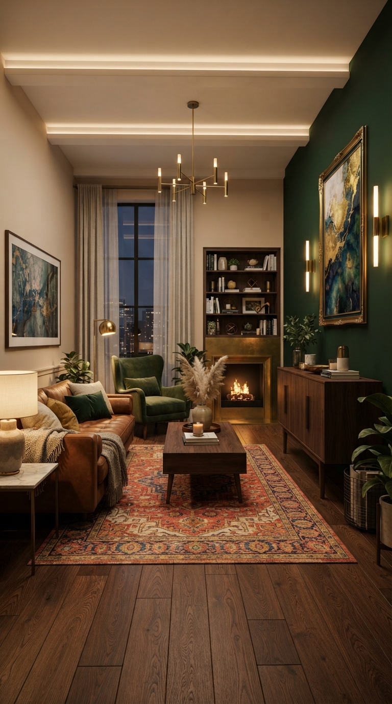 Accent wall idea on the short end of a rectangular living room