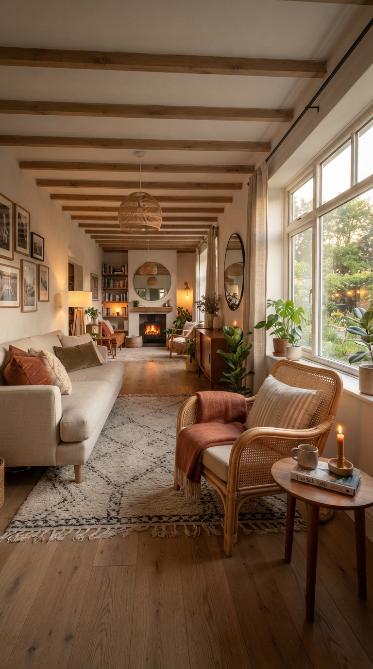 Angled furniture placement idea to soften a long rectangular living room
