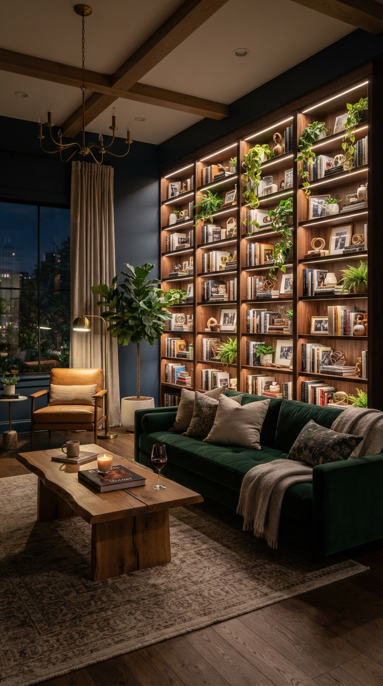 Floor-to-ceiling bookshelf idea for balancing a long rectangular living room
