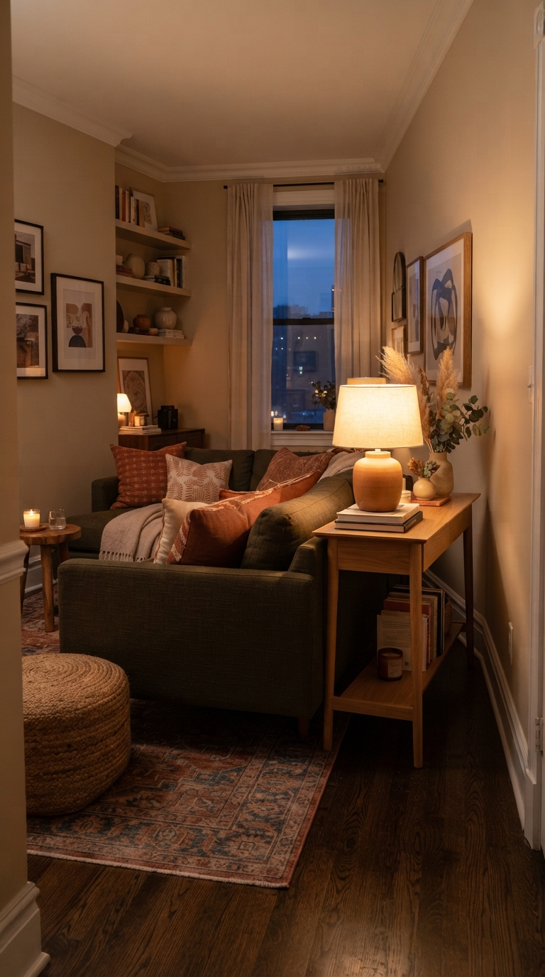Console table room divider idea for a narrow rectangular living room