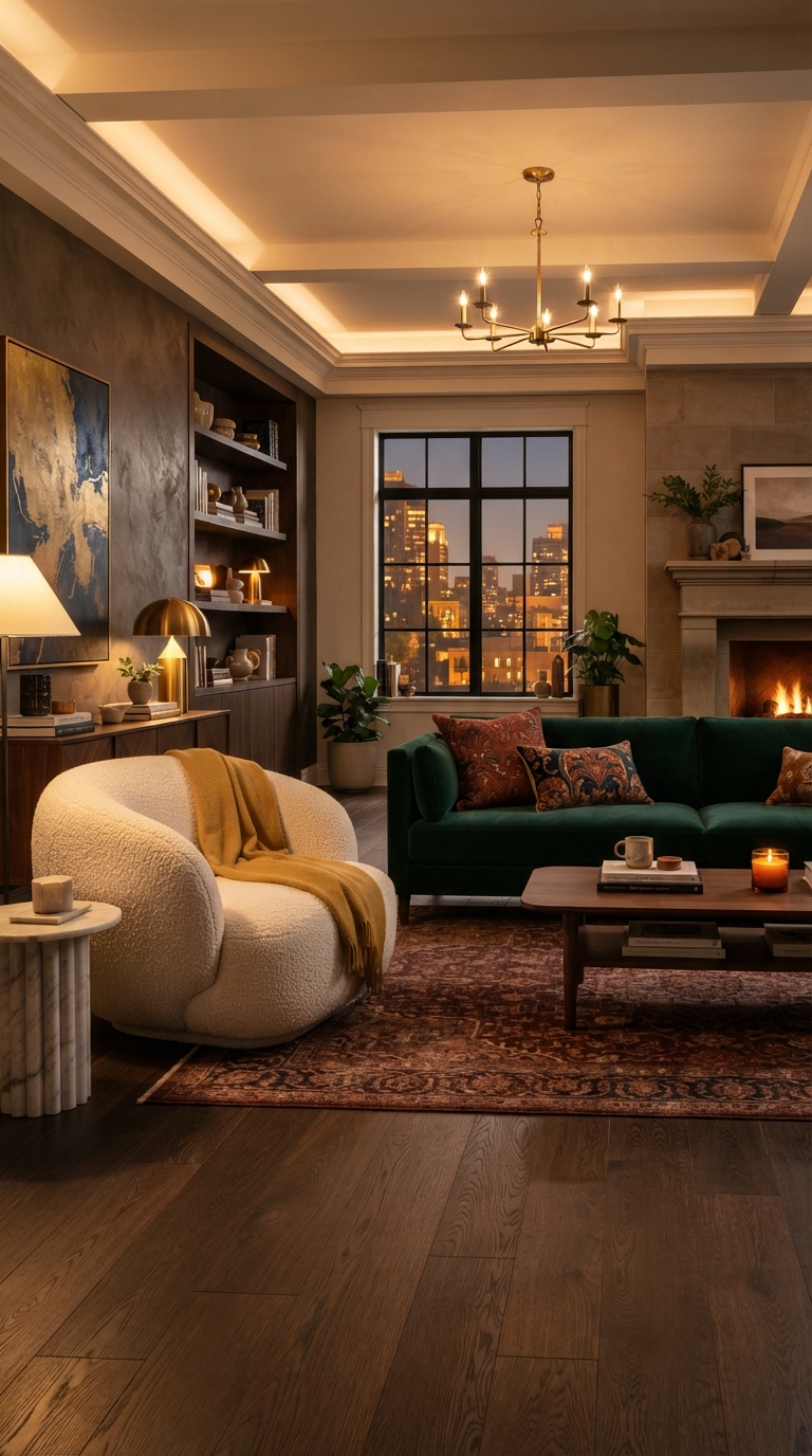 Curved furniture idea to soften a rectangular living room