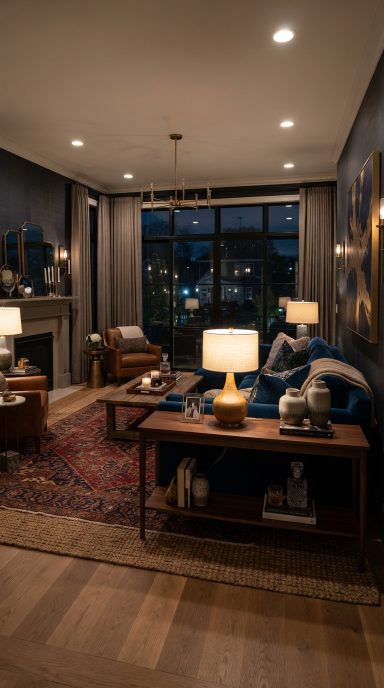Floating furniture arrangement idea for a rectangular living room