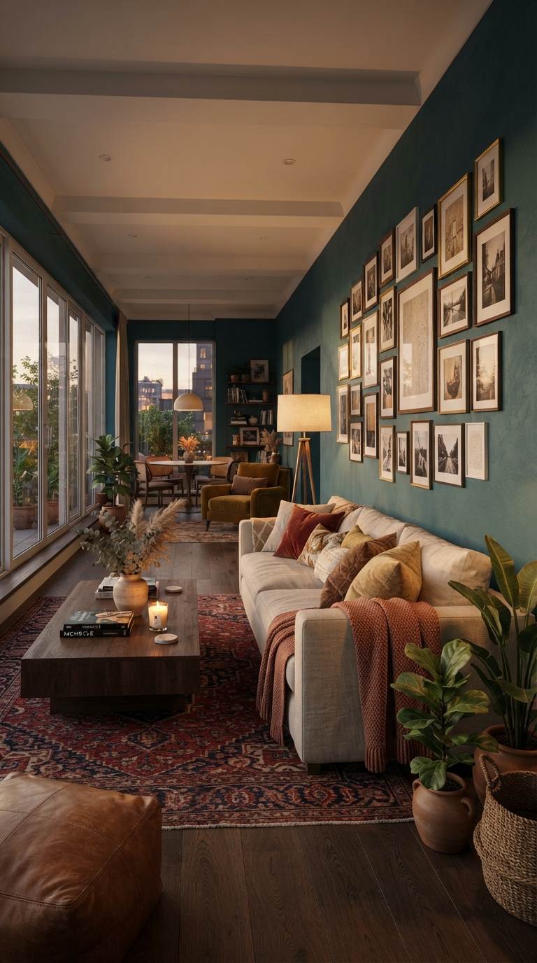 Gallery wall idea to fill the long wall of a rectangular living room