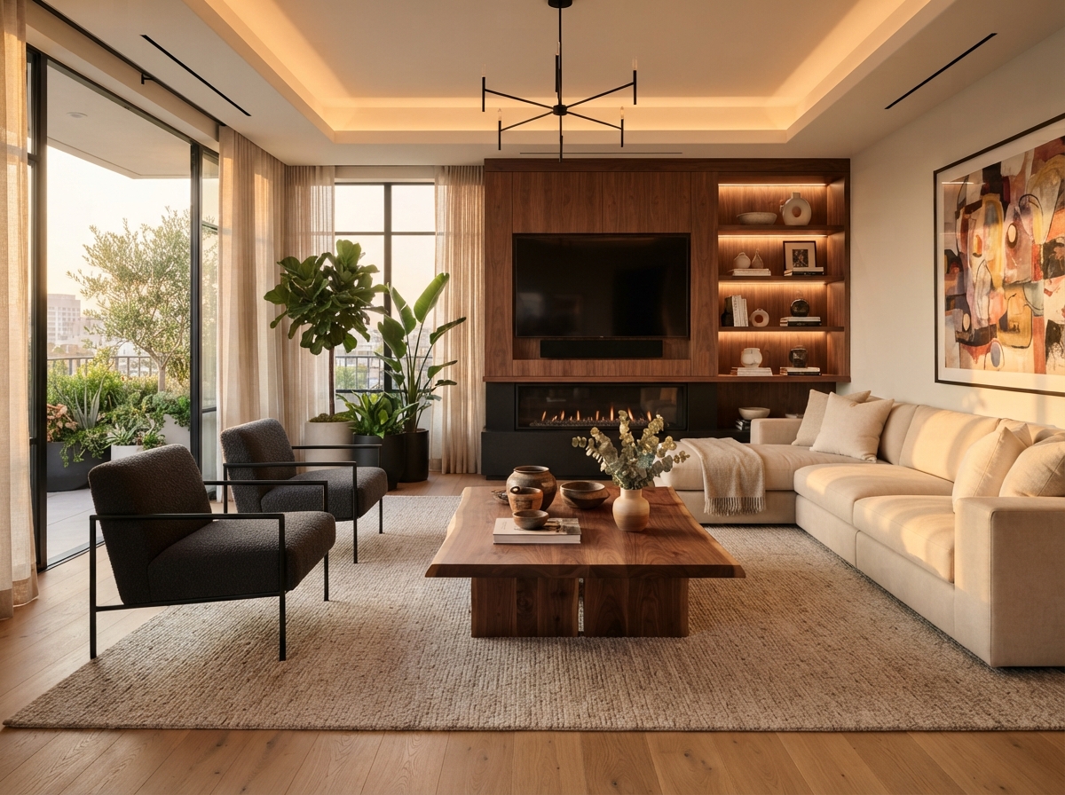 Modern rectangular living room with an optimized furniture layout, beige sectional sofa, fireplace, oak flooring, and stylish contemporary interior design.