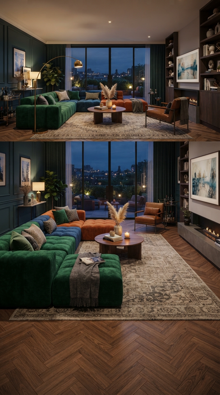 Modular furniture idea for flexible zones in a rectangular living room