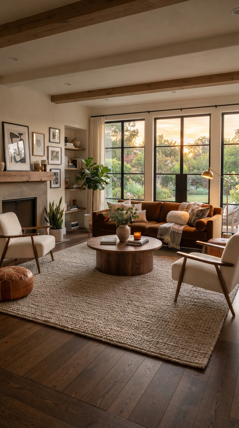 Properly sized statement rug idea for zoning a rectangular living room