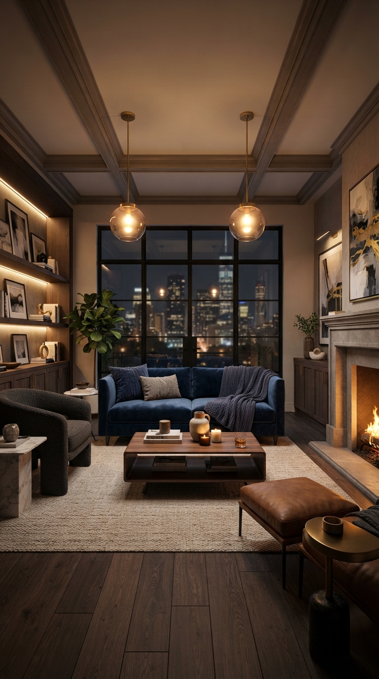 Symmetrical lighting pair idea for a wide rectangular living room