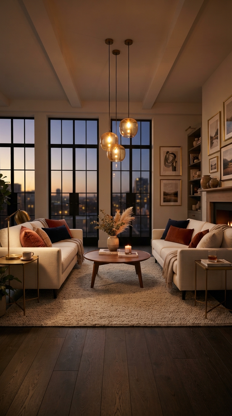 Symmetrical rectangle living room layout with matching sofas facing each other