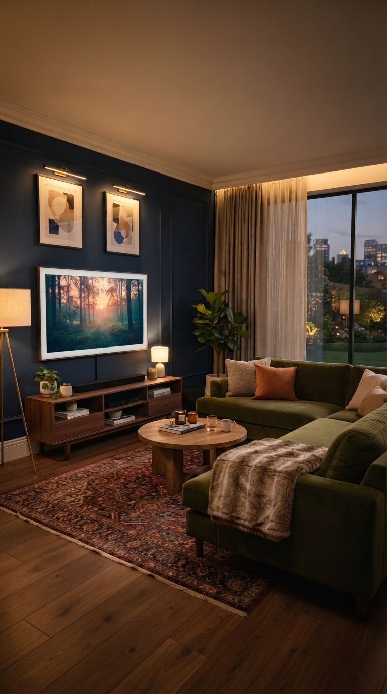 TV placement idea on the short wall of a rectangular living room