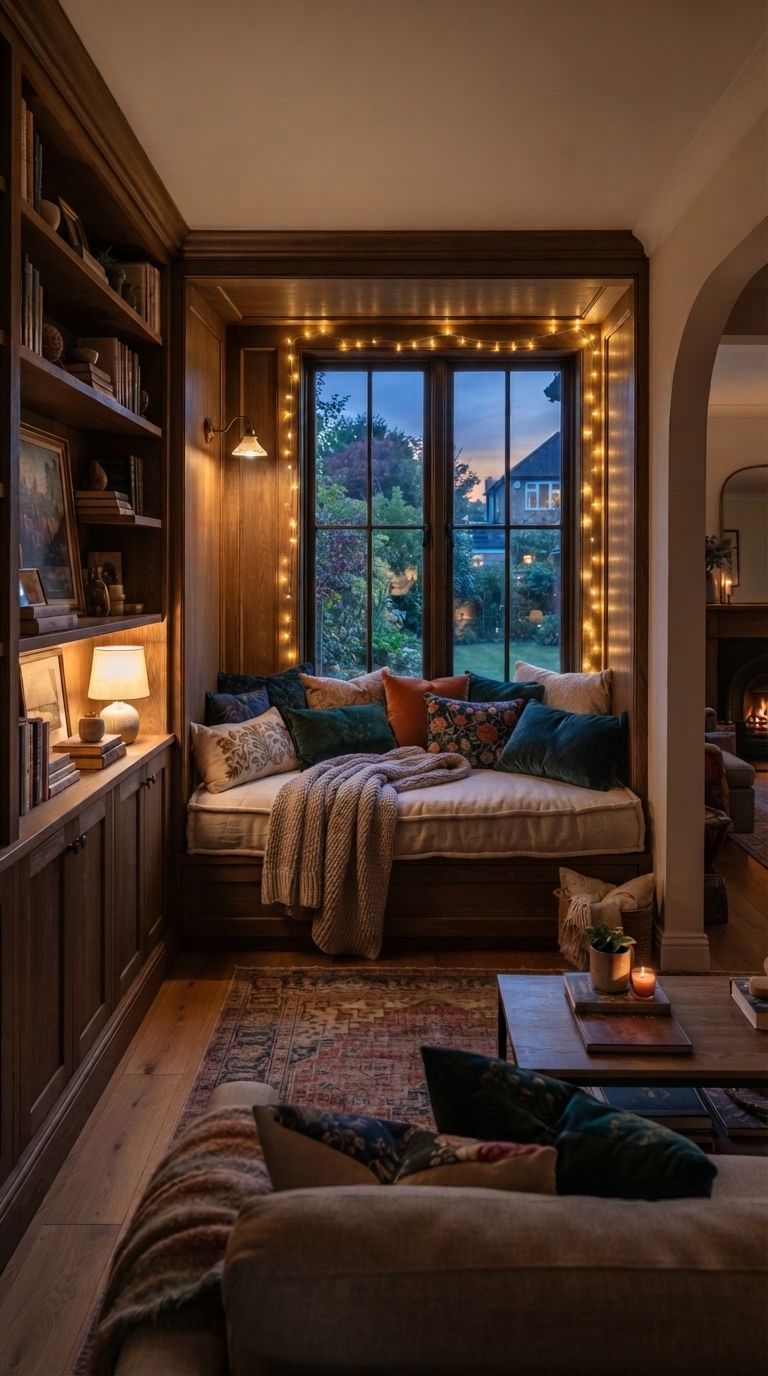 Window seating nook idea for the end of a rectangular living room