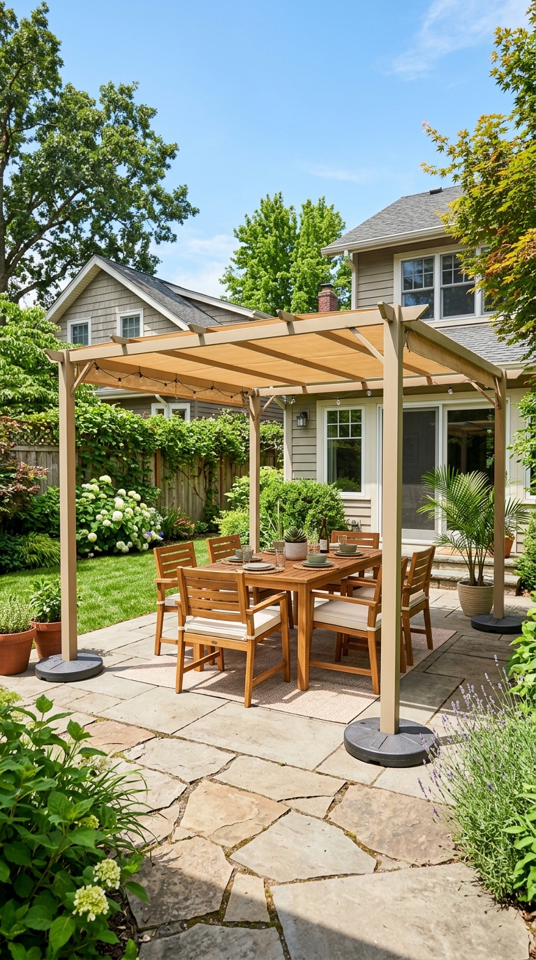 Removable pergola canopy kit on a rental backyard patio