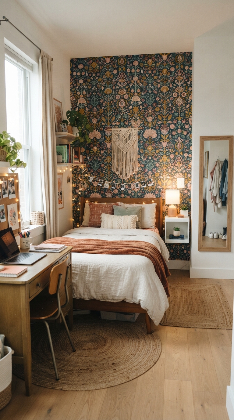 Bold removable wallpaper accent wall in a stylish teen girl bedroom